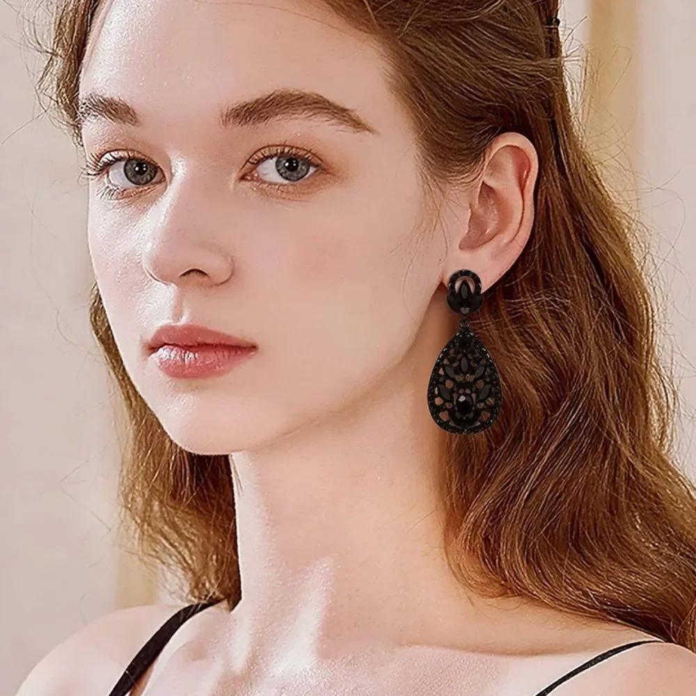 Carbon Black with Black Onyx  Austrian Crystal Teardrop Chandelier Post Earrings